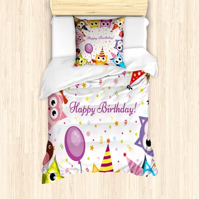 Produktbild von ABAKUHAUS Geburtstagsfeier Mantele, Geburtstags-Party-Eulen, Milbensicher Allergiker geeignet mit Kissenbezügen, 135 cm x 200 cm - 80 x 80 cm, Mehrfarbig