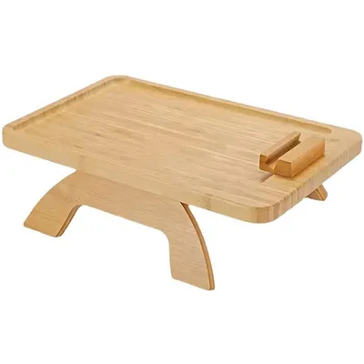 Produktbild von Multifunktionales Holztablett für Sofa mit drehbarem Handyhalter und Obstkorb, ideal für Teetische, Fernsehabende und praktische Nutzung zu Hause.