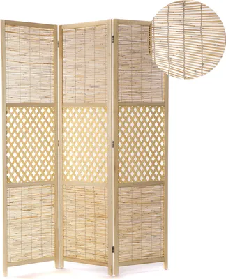 A three-panel room divider made of bamboo and reed, standing on a white background.