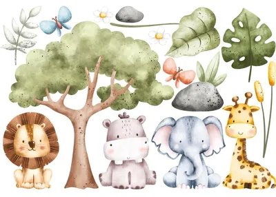 Produktbild von Wandaufkleber – Dschungeltiere in Aquarell – Selbstklebende Aufkleber – 100 x 150 cm