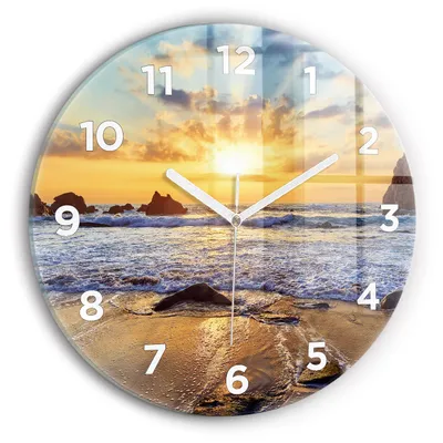 Produktbild von Wallfluent Wanduhr – Stilles Quarzuhrwerk - Uhr Dekoration Wohnzimmer Schlafzimmer Küche - Zifferblatt - weiße Zeiger - 30 cm - Sonnenuntergang am Strand