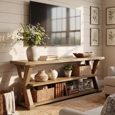 Produktbild von Tribesigns TV-Ständer im Landhausstil für 55/60/65/70-Zoll-Fernseher, 3-stufig | Rustikales TV-Möbel mit offenen Ablagefächern, mit X-förmigen Seiten