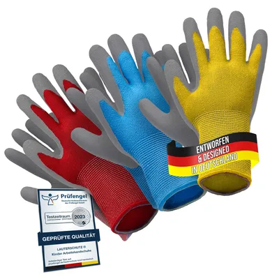 Produktbild von LAUTERSCHUTZ® für Kinder: 3 Paar Arbeitshandschuhe (mit Handflächenbeschichtung) aus dehnbarem Gewebe, für Gartenarbeit und mehr (Größe M (5-7 Jahre))
