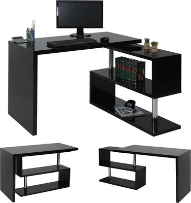 Zdjęcie produktu dla Designerskie biurko narożne HWC-A68, biurko biurowe, wysoki połysk obrotowe 120x60cm ~ czarny