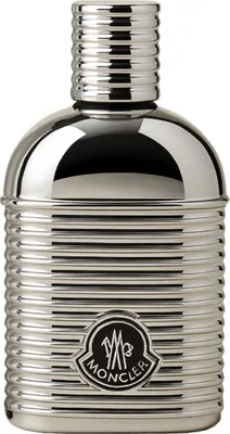 A silver-colored perfume bottle with a ribbed texture and the Moncler logo.