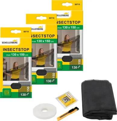 Produktbild von Schellenberg 3er Pack 50715 Fliegengitter Fenster, Insektenschutz Fenster ohne bohren, zuverlässiger Schutz gegen Mücken, Fliegen und Insekten mit Befestigungsband, 130 x 150 cm, anthrazit