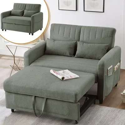 Immagine prodotto di Divano letto allungabile Merax 2 in 1 con schienale regolabile a tre livelli, tessuto in cotone e lino traspirante, due posti con funzione letto, verde