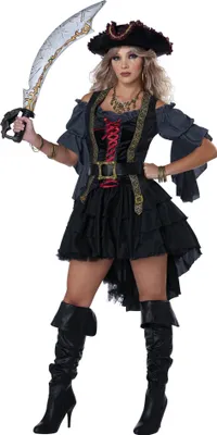 A woman dressed as a pirate, holding a sword.