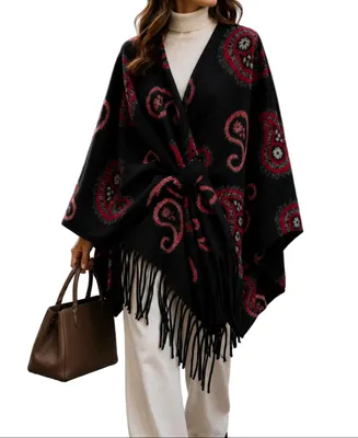 Produktbild von BZNA Strickponcho in Schwarz - Wolltuch mit Fransen - Poncho  ITALY