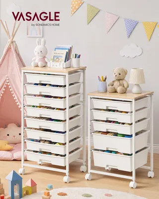 Produktbild von VASAGLE Rollwagen mit 8 Schubladen, Nischenwagen mit Holzplatte, Organizer für Büro und Bad, 39,5 x 28,5 x 76,5 cm, Weiß