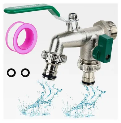 Produktbild von Premium 3/4 Zoll Garten Wasserhahn Doppel Wasserhahn Messing Kugelhahn Frostsicher Auslaufhahn mit 2 en Schlauchanschlüssen, 1 Rolle Dichtband, Doppelanschluss und Schlauchtülle