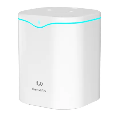 A white humidifier with a blue light strip around the top and a blue water drop icon.