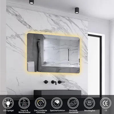 Produktbild von AICA LED Badspiegel 70x50cm Wand/Touchschalter Anti-Beschlag 3 Lichfarbe+Dimmbar Badezimmerspiegel mit Beleuchtung Lichtspiegel IP44