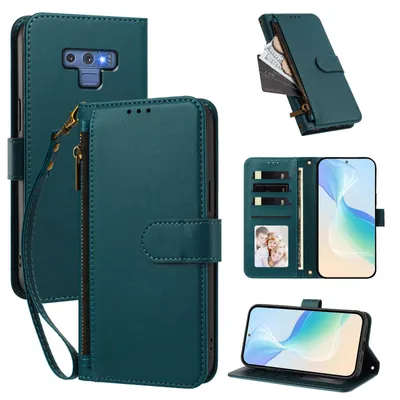 Image de Étui portefeuille pour Samsung Galaxy Note 9, en cuir PU, avec compartiments pour cartes, support et dragonne. Couleur : vert