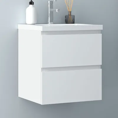 Produktbild von 50 cm Badmöbel Set Unterschrank 2 Schubladen soft close Badezimmermöbel Selbstmontierter mit Weiß Mineralguss waschtisch Unterschrank mit Weiß Matt