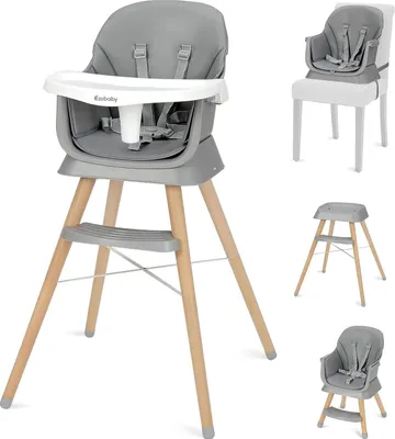 Produktbild von Ezebaby 6-in-1 Hochstuhl, Multifunktionaler Kinderhochstuhl, Holzbeine mit 5-Punkt-Gurt, Fußstütze, abnehmbares Tablett für Kinder ab 6 Monaten, grau