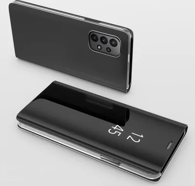 A black flip phone case is shown from two angles against a plain background.