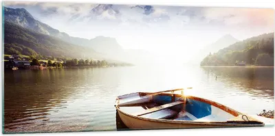 Produktbild von Bilder auf glas - Berge See Boot - 120x50cm - Glasbilder - Wandbilder - Kunstdruck - zum Aufhängen bereit - Wanddekoration aus Glas - Glas Bilder - Wandbild auf Glas - Einteilig - GAB120x50-3927