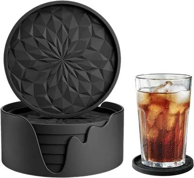 Image de 6 dessous de verre en silicone avec support - 10x10 cm - Design en forme de losange - Antidérapants - Isolants pour les boissons chaudes et froides
