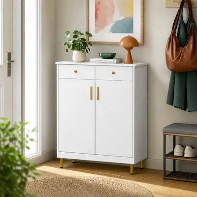Produktbild von Schuhschrank Weiß 80x35x100cm mit Goldenen Griffen & Metallfüßen, 2 Türen + 2 Schubladen, abgerundete Ecken, Moderner Flurschrank aus MDF