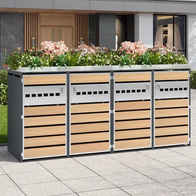 Produktbild von Mülltonnenbox mit rautenförmigen Belüftungslöchern, vier Türen & Pflanzfläche, grauer Geräteschrank mit Holzmaserung für Garten