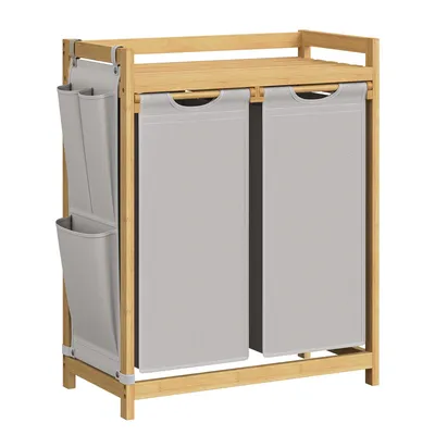 Produktbild von SONGMICS Wäschekorb 2 Fächer, Bambus, Wäschesammler 100 L, Wäschesortierer, mit Ablage, Wäschesack, kleine seitliche Taschen, Wäscheregal
