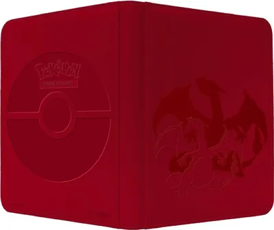 A red Pokemon binder with Charizard embossed on the front.