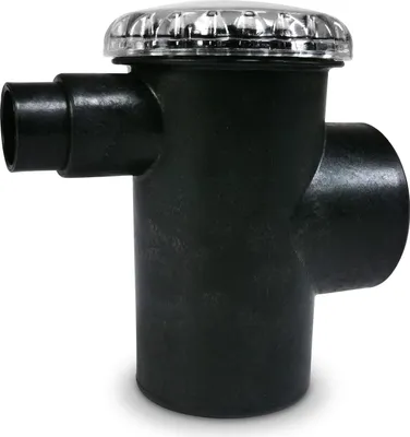 A black plastic pre-filter with a clear lid, designed for a pool sand filter system.