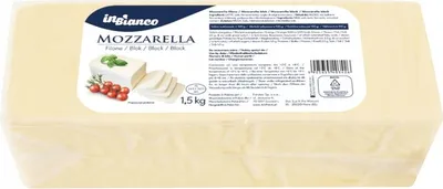 A block of mozzarella cheese with a label and some decorative elements.