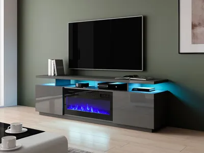 Produktbild von Mirjan24 TV-Lowboard Eva mit Kamin, RTV-Schrank vom Hersteller, TV-Möbel, Stilvoll Wohnzimmer (Graphit  / Graphit  Hochglanz, mit Kamin Schwarz, mit LED Beleuchtung)