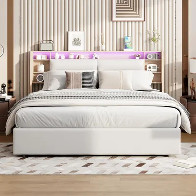Immagine prodotto di Letto matrimoniale 160x200 con spazio contenitore, testiera e struttura con meccanismo idraulico, letto imbottito beige in ecopelle con illuminazione a LED