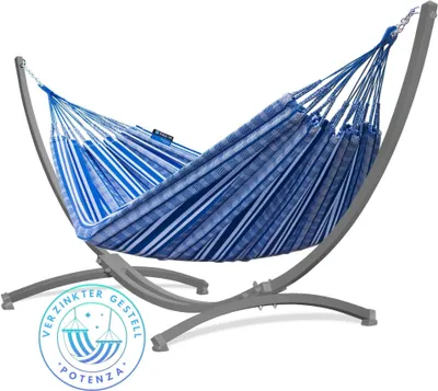 Produktbild von Potenza Outdoor Hängematte mit Verzinkter Gestell für 2 Personen I 100% Baumwolle Pereira Doppelhängematte 230x160 cm, 200kg I Grau Hängemattengestell 220kg, wetterfest