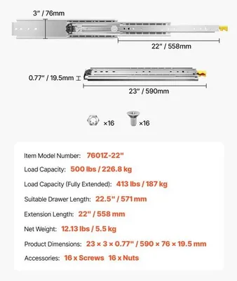Immagine prodotto di Guide per cassetti ad estrazione totale - Guide per cassetti da 558 mm per mobili per la casa e l'ufficio - Guide robuste e durature