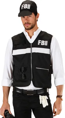 A man wearing an FBI costume, including a vest and cap, posing for a product image.