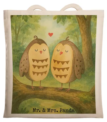 Produktbild von Mr. & Mrs. Panda Tote Bag Eulen Liebe Design - Weiß - Geschenk, Stoffbeutel, glücklich, Shopping Tasche, Beutel, Laptoptasche, Eule, Paar