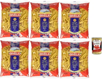 Produktbild von Divella Pasta 100% Italienisch Penne Mezzani 34, Nudeln aus Hartweizengrieß, Kochen 8 Minuten 6x 500g + Italian Gourmet polpa 400g