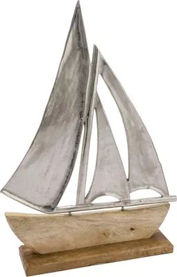 Produktbild von Metall Schiff mit Mango Holz - 40 cm - Alu Segelschiff auf Sockel (groß)