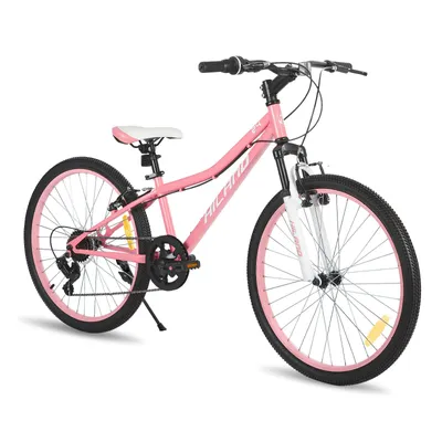 Produktbild von HILAND Climber 24 Zoll Kinderfahrrad Mountainbike mit Federgabel 7 Gang Shimano V-Bremse, Kinder MTB Jugend Mädchen, Rosa