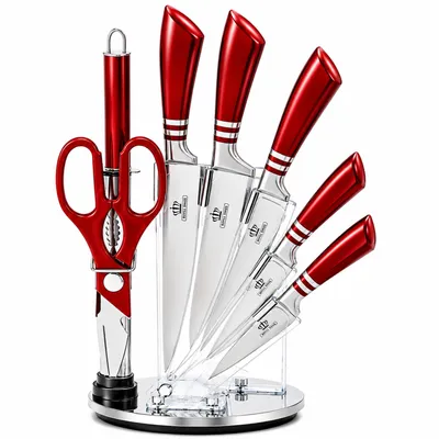 Image de Set de couteaux 9 pièces – Bloc à couteaux en acier inoxydable avec ciseaux et fusil à aiguiser – Couteaux de cuisine professionnels Bordeaux – Royal Swiss