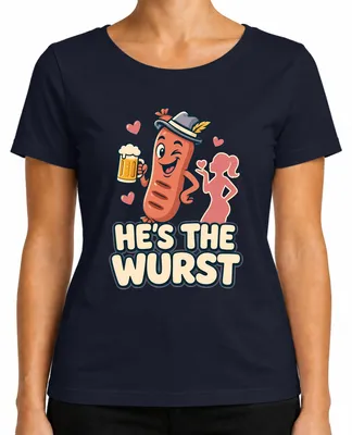 Imagen del producto de Camiseta para mujer, estilo "Wiesn", con motivos de salchicha, cerveza y traje tradicional alemán, color azul marino, talla M
