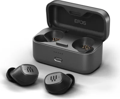 A pair of black wireless earbuds and their charging case are displayed on a white background.