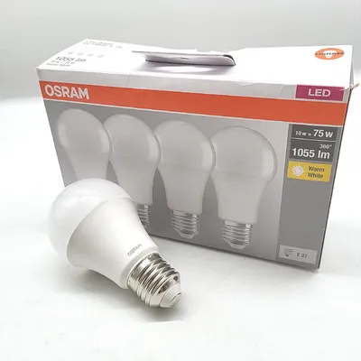 A product box for OSRAM LED light bulbs, with one bulb placed in front of it.