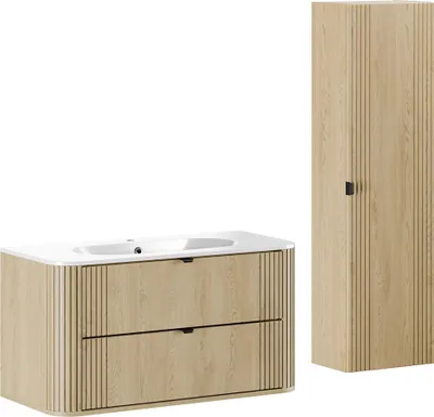 Produktbild von Badmöbel-Set 2-teilig Waschtisch 100 cm & Hochschrank in Eiche, Rillen, mit Keramik Waschbecken - OLIVA-56