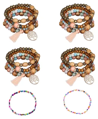 4er Set Holz-Quastenarmbänder mit 2 Perlenarmbändern, Boho, 170 mm