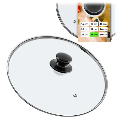 A glass pot lid with a black handle is shown against a white background. A small inset image shows a size chart with various measurements.