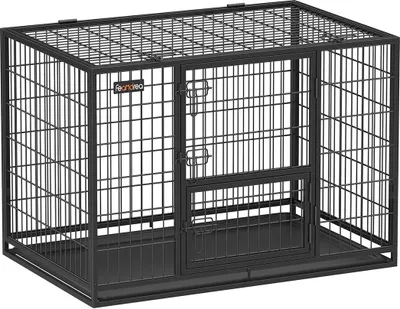 A black metal dog crate with a door and a tray.