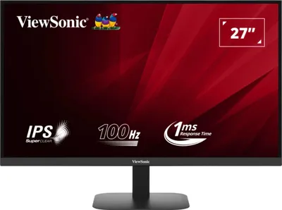 A ViewSonic monitor with marketing graphics and text.