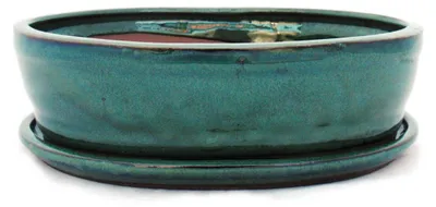Obrázek produktu pro Bonsajová miska s podšálkem velikost 4 - zelená - oválná - model O7 - d 26cm - š 21cm - v 7,5cm