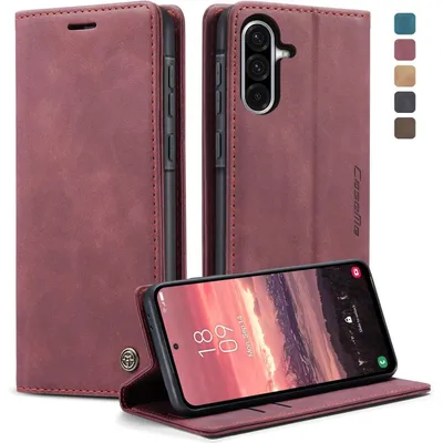 Zdjęcie produktu dla Etui do telefonu Samsung Galaxy A56 5G, wykonane ze sztucznej skóry, składane, z przegródką na karty, funkcja podstawki, kolor: czerwony wino