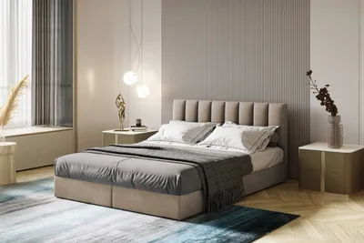 A bedroom scene featuring a bed, nightstands, and decor.